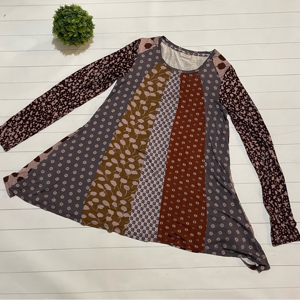 LOGO Long Sleeve Long line Pattern Mixing Swing Tunic Top Women’s Size XS